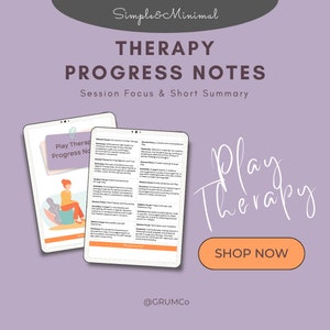 Peut inclure: Un téléchargement numérique de notes de progression de thérapie imprimables pour les séances de thérapie par le jeu. Les notes comprennent des sections sur l'objectif de la séance et un bref résumé. L'image montre une tablette avec les notes à l'écran et le texte "Play Therapy Progress Notes" dans un schéma de couleurs rose et blanc.