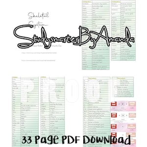 May include: A green and white printable study guide for the skeletal system. The guide includes a list of combining forms, abbreviations, and suffixes. The text includes the words "Skeletal System", "Study Smarter By Amanda", and "33 Page PDF Download".