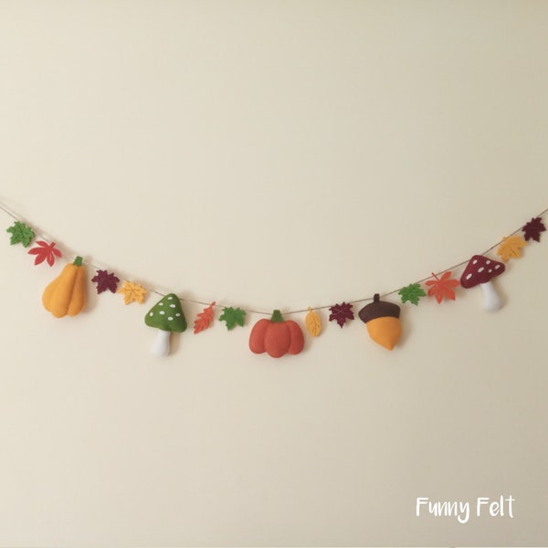 Autumn felt garland, pumpkin garland, fall decor, leaves and mushrooms garland, autumnal home decor, Thanksgiving ornaments, autumn bunting