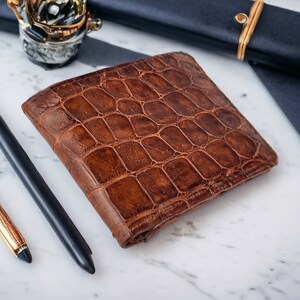 Elegante billetera plegable de piel de cocodrilo de 6 pulgadas, regalo de aniversario: regalo perfecto para esposo, regalo de San Valentín, regalo de cumpleaños