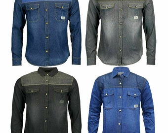 Mens Denim Cotton Shirt Long Sleeve Chest Pocket Cotton Snap Button Slim Fit