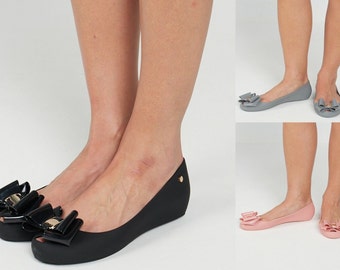 Women's  ladies flat peep toe casual office  jelly bow slip on shoes ballerina pumps