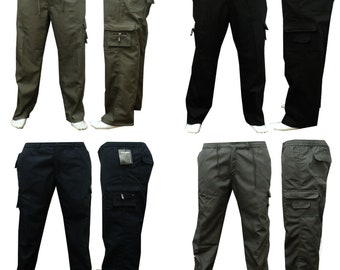 Mens Elasticated Fleece Lined Cargo Combat Work Cotton Trousers Pants Bottoms