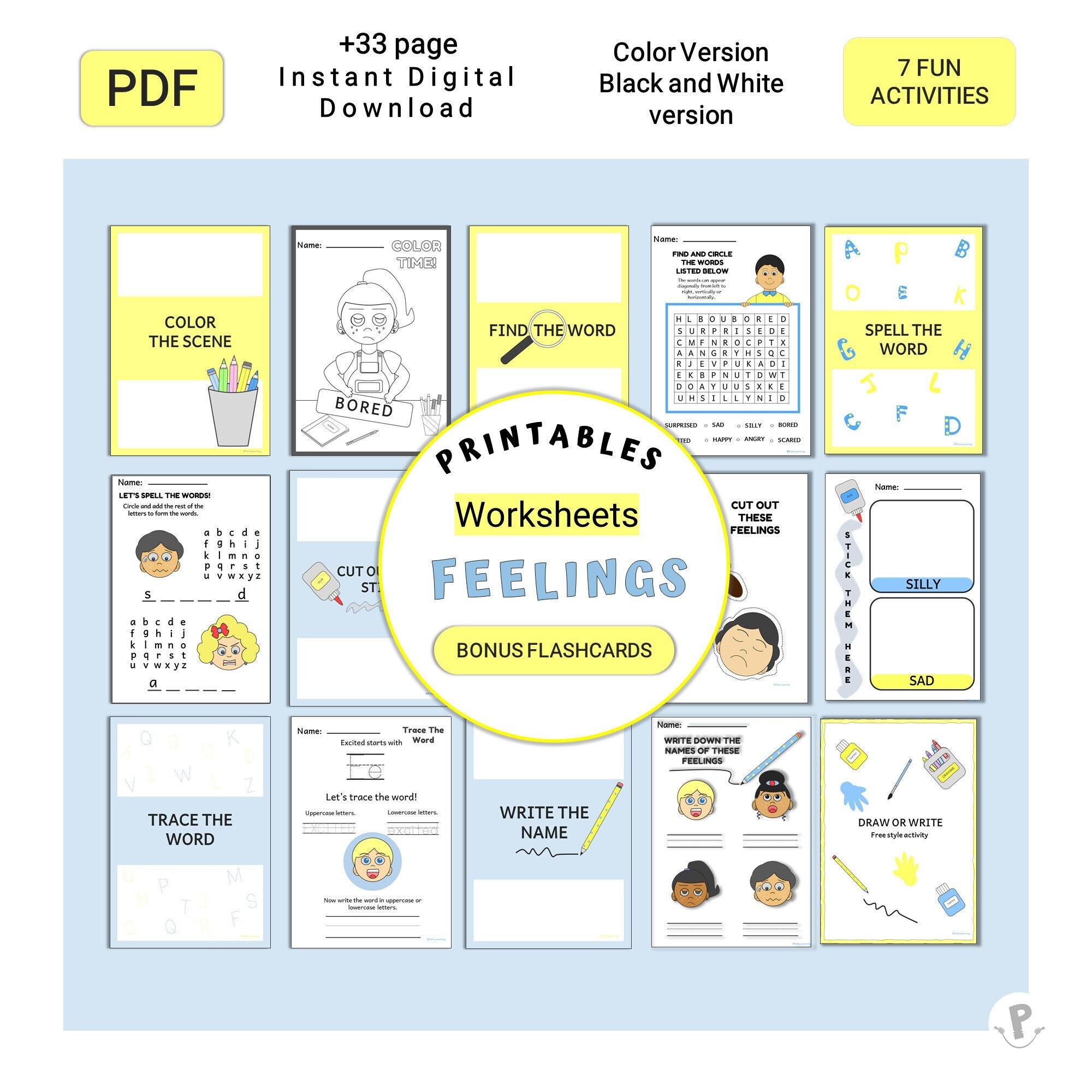 printable vocabulary worksheets for kids feelings themed etsy