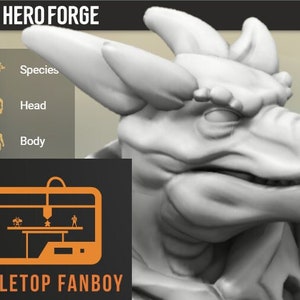 May include: A 3D printed model of a dragon head, created using the Hero Forge website. The model is in a light gray color and has a detailed, textured surface. The model is shown on a website background with the text "Hero Forge" and "Tabletop Fanboy" visible.