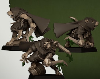 Miniaturas de hombres rata a escala de asesinos de alcantarillas de Highland Miniatures para juegos de batalla y escaramuzas de fantasía.
