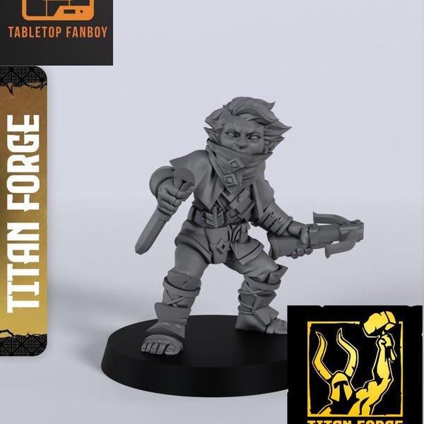 Pícaro mediano masculino con ballesta y daga Miniatura de Titanforge a escala de 28 mm o 32 mm con base incluida
