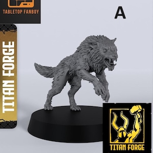 May include: A gray wolf figurine with an open mouth, posed as if in mid-stride, on a black circular base. The figurine is highly detailed, with textured fur and sharp teeth. The image includes the text "Tabletop Fanboy" and "Titan Forge".
