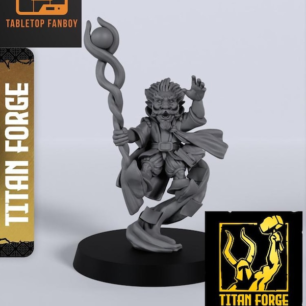Miniatura de gnomo mago masculino a escala de 28 mm o 32 mm de Titan Forge con base incluida
