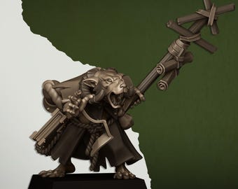 Modelos a escala de hombres rata de Highland Miniatures para juegos de guerra de batallas y escaramuzas de fantasía: Héroe hechicero de alcantarilla.