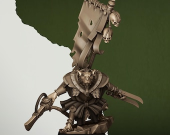 Modelos de hombres rata a escala para juegos de guerra: Héroe Señor de la Guerra de las Alcantarillas, de Highland Miniatures, para batallas y escaramuzas de fantasía.