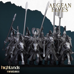 May include: A group of 10 grey plastic miniature figurines of elves riding horses, holding spears and shields. The elves are wearing helmets and armor. The text "AEGEAN ELVES" is visible at the top of the image.