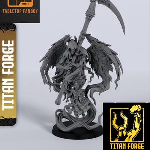 May include: A grey resin miniature of a skeletal figure with wings, holding a scythe and standing over a smaller skeletal figure. The miniature is on a black base and is part of the Titan Forge line of miniatures.