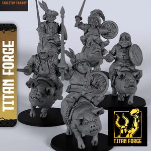 Peut inclure: Un ensemble de cinq figurines miniatures en résine grise non peinte, représentant chacune un petit guerrier chevauchant un cochon. Les guerriers portent des chapeaux à plumes, des tuniques et des ceintures, et tiennent des épées et des boucliers ronds.