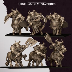 May include: Six miniature figurines of minotaurs in various action poses. Each figure is a detailed sculpture with horns, armor, and weapons like axes and shields. The text "HIGHLANDS MINIATURES" is at the top.