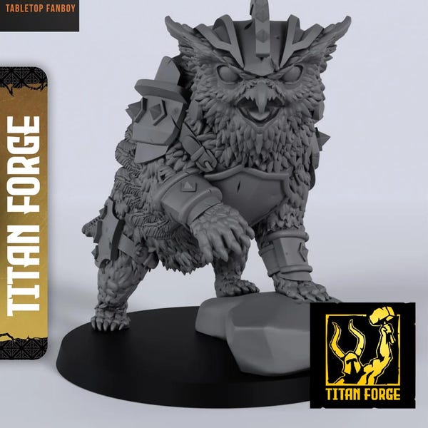 Miniatura de Ironbeak the Owlbear, luchador de foso, escala 28 mm o 32 mm, de Titan Forge, con base incluida.