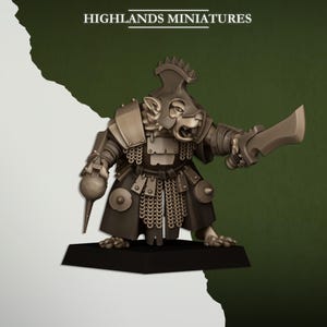 May include: A detailed miniature figure of a rat warrior, clad in armor and wielding a large blade. The figure is painted in shades of gray and brown, with intricate chainmail and a menacing expression. The base is black, and the text "HIGHLANDS MINIATURES" is at the top.