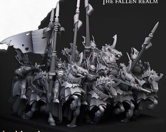 May include: A group of eight miniature figures on horseback, each holding a spear. The figures are dressed in armor and have a dark, menacing appearance. The figures are part of a set called "Transilvanya: The Fallen Realm" by Highlands Miniatures.