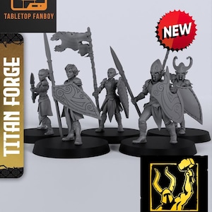 Puede incluir: Cinco figuras en miniatura de plástico gris de elfos sosteniendo lanzas y escudos. Las figuras están de pie sobre bases negras. Las figuras son parte de un conjunto de miniaturas para juegos de mesa. El conjunto se llama "Titan Forge".