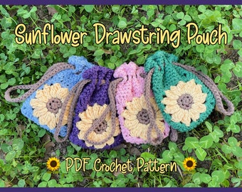 Sunflower Drawstring Pouch Crochet Pattern, PDF File Dice bag