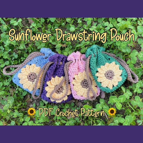 Sunflower Drawstring Pouch Crochet Pattern, PDF File Dice bag