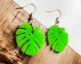 Neon Green Monstera Leaf Earrings | Tropical Plant Lover Jewelry | Lightweight Acrylic Statement Earrings | Summer Gift for Her