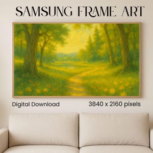May include: A digital download of a landscape painting for Samsung Frame Art. The artwork depicts a sunlit forest scene with a path leading through the trees. The color palette is dominated by greens and yellows, creating a warm and inviting atmosphere.