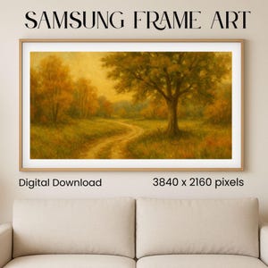 Könnte beinhalten: Ein gerahmter digitaler Kunstdruck mit einer Landschaftsszene. Das Kunstwerk zeigt einen gewundenen Feldweg, der zu einem großen Baum führt. Die Farbpalette umfasst Gelb-, Grün- und Brauntöne. Der Text "SAMSUNG FRAME ART" steht oben.