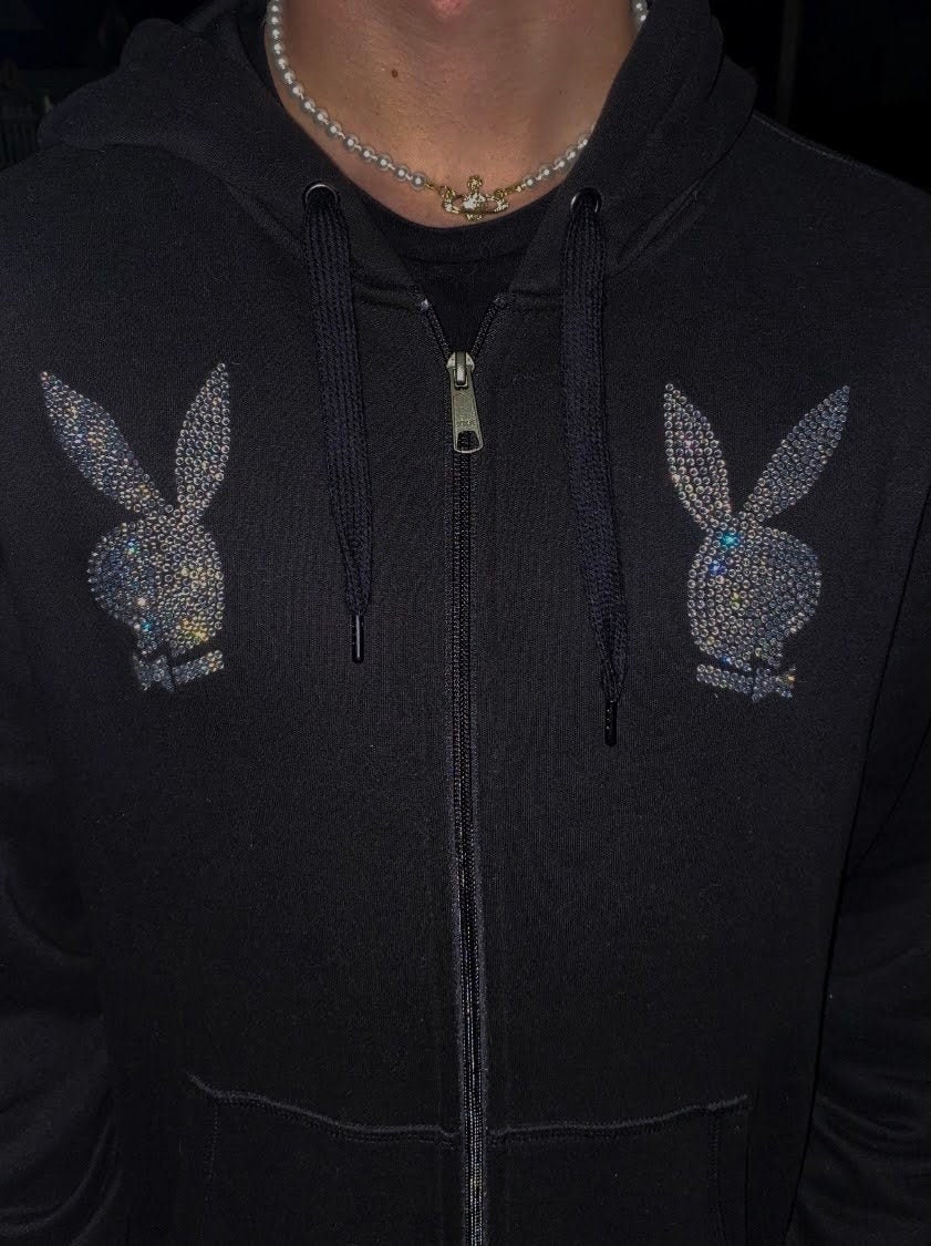 Rhinestone playboy black zip up hoodie | Etsy