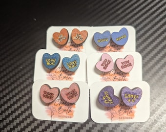 Wooden Candy Heart Valentine Stud earrings