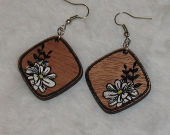 Small White Floral - Dangle Earrings - Wooden