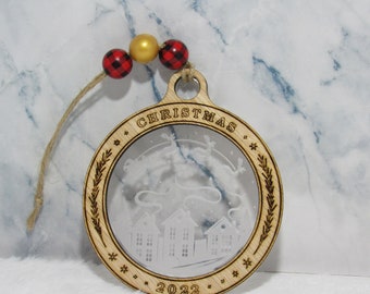 Christmas Ornament - Santa in the Sky - Wooden and Acyrlic