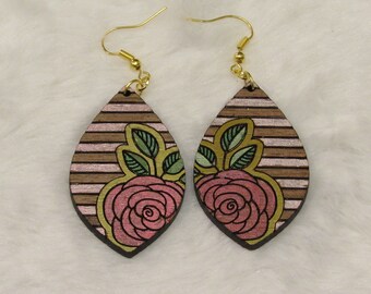 Striped Rose Teardrop - Dangle Earrings - Wooden