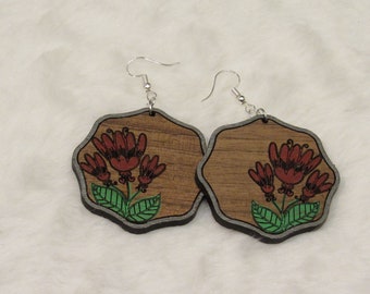 Red Floral - Dangle Earrings - Wooden