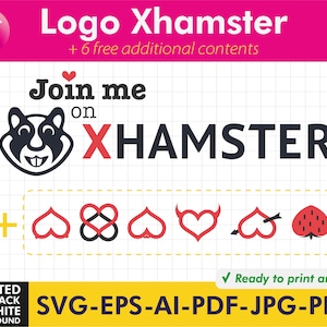 May include: A red and black logo design for a company called "Xhamster". The logo features a hamster with a heart above its head and the text "Join me on XHAMSTER". The logo is surrounded by a white grid pattern. The text "+ 6 free additional contents" is above the logo. The text "Ready to print and cut" is below the logo. The text "SVG-EPS-AI-PDF-JPG-PNG" is below the text "Ready to print and cut".