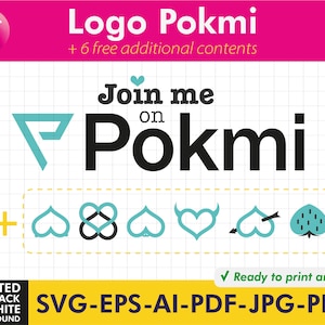 May include: A blue and black logo for Pokmi with the text "Join me on Pokmi". The logo includes a stylized letter P and six additional icons, including hearts, a strawberry, and a heart with an arrow.