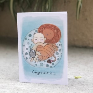 Blank 5 by 7 greeting card, cute lovable boy and lion wishing congratulations on a new baby. great for baby showers