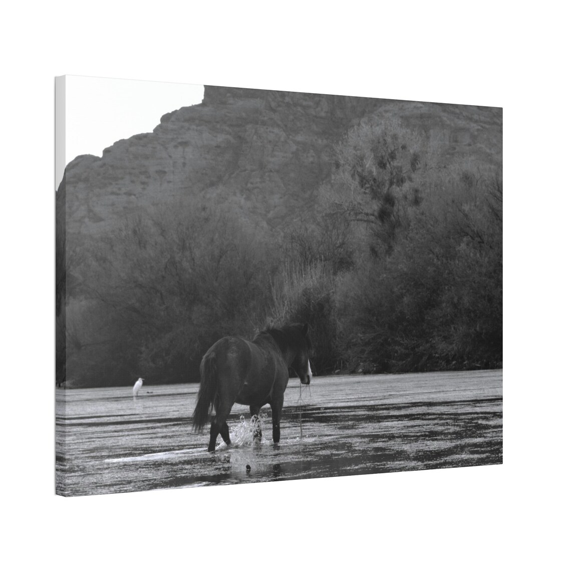 Black and White Wild Horse Print Mountain Scenery Art River Etsy