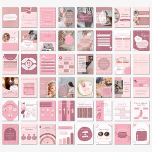 May include: A collection of fifty-six square social media templates in various shades of pink and white, featuring text, illustrations, and photo placeholders related to pregnancy, motherhood, and doula services for educational content.