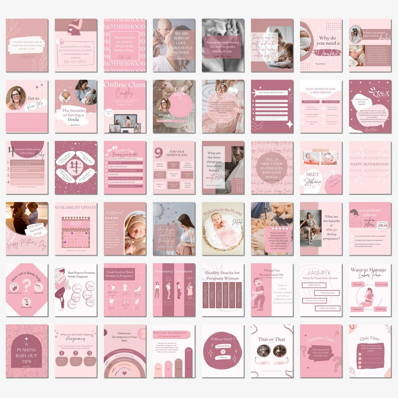 May include: A collection of fifty-six square social media templates in various shades of pink and white, featuring text, illustrations, and photo placeholders related to pregnancy, motherhood, and doula services for educational content.
