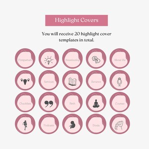 May include: A set of 20 circular social media highlight cover templates in dusty rose with organic white shapes. Icons include a lightbulb, uterus, book, microphone, yoga pose, and pregnant person. Text labels include Postpartum, Services, and Doula.