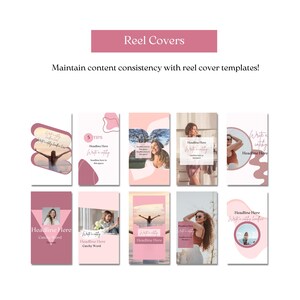 May include: A collection of ten vertical digital templates for social media reel covers, featuring a cohesive color palette of soft pinks and whites. Each template includes placeholder text areas, graphic shapes, and frames for images.