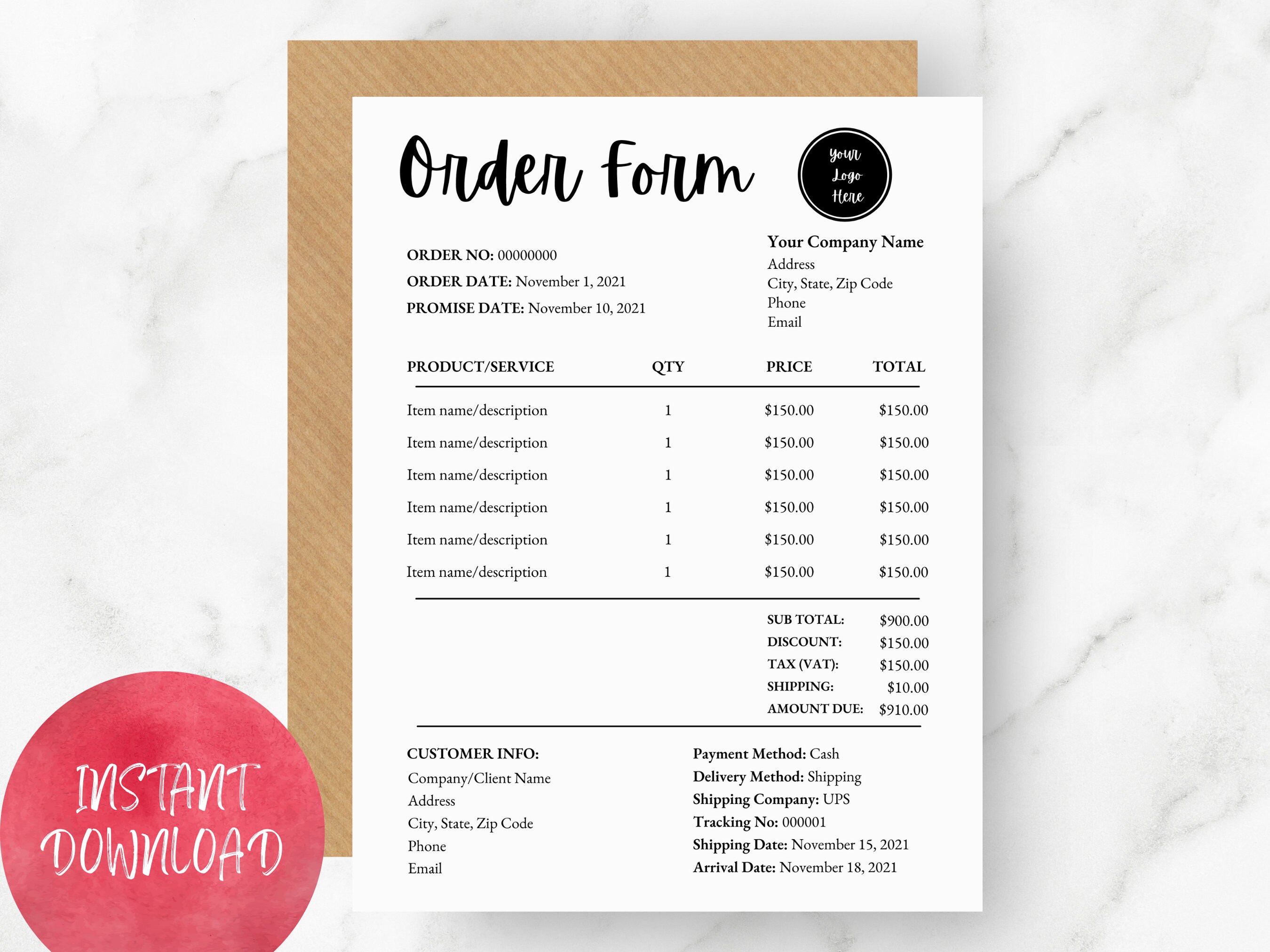 Invoice Form Order Form Template Editable Custom Order Form Small ...