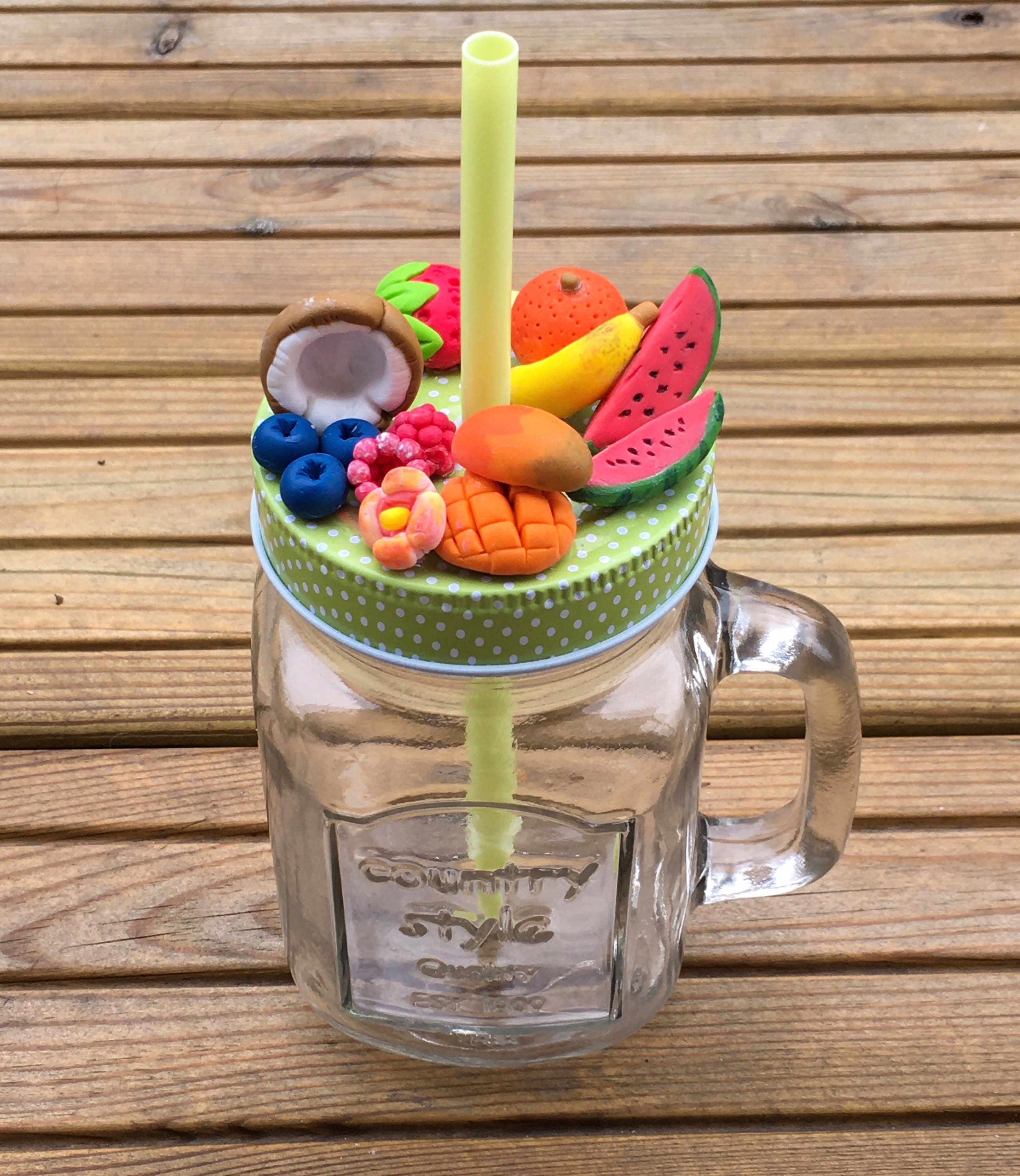 Verre Mason Jar Exotique, avec Poignée et Paille, Verre à Cocktails, Jus de Fruits, Décor Fruits Exo