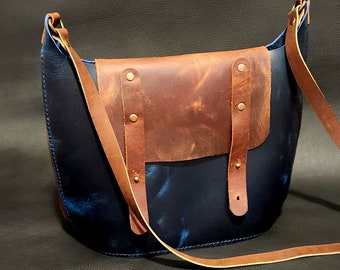 Leather Shoulder Bag, Blue Pull-Up Leather Tote, Messenger Bag