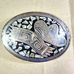 Vintage Belt Buckle, Silver Sombrero Abalone shell inlay