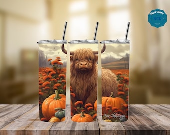 Highland Cow with Flowers and Pumpkins Tumbler Wraps bundle, Sublimation design, Digital download