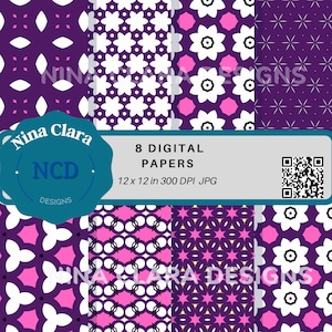 Paquete de papel digital con motivos florales morados para scrapbooking y diario