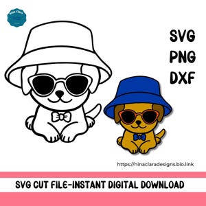 May include: A digital graphic of a cartoon dog wearing sunglasses, a bow tie, and a bucket hat. The image includes the text "SVG, PNG, DXF" and "SVG CUT FILE - INSTANT DIGITAL DOWNLOAD".