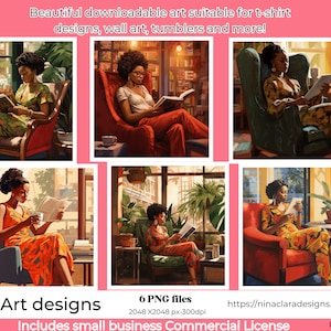 Schwarze Frau, die AI Art liest - Digitaler Download, lesen Clipart, Buch Clipart, Druck Sublimationsentwürfe